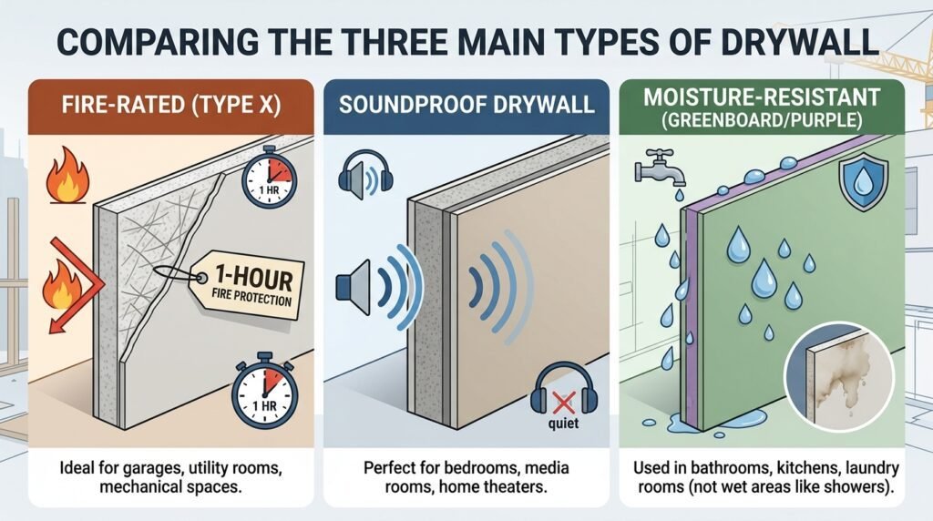 A comparison of specialty drywall types, including fire-rated, soundproof, and moisture-resistant boards.