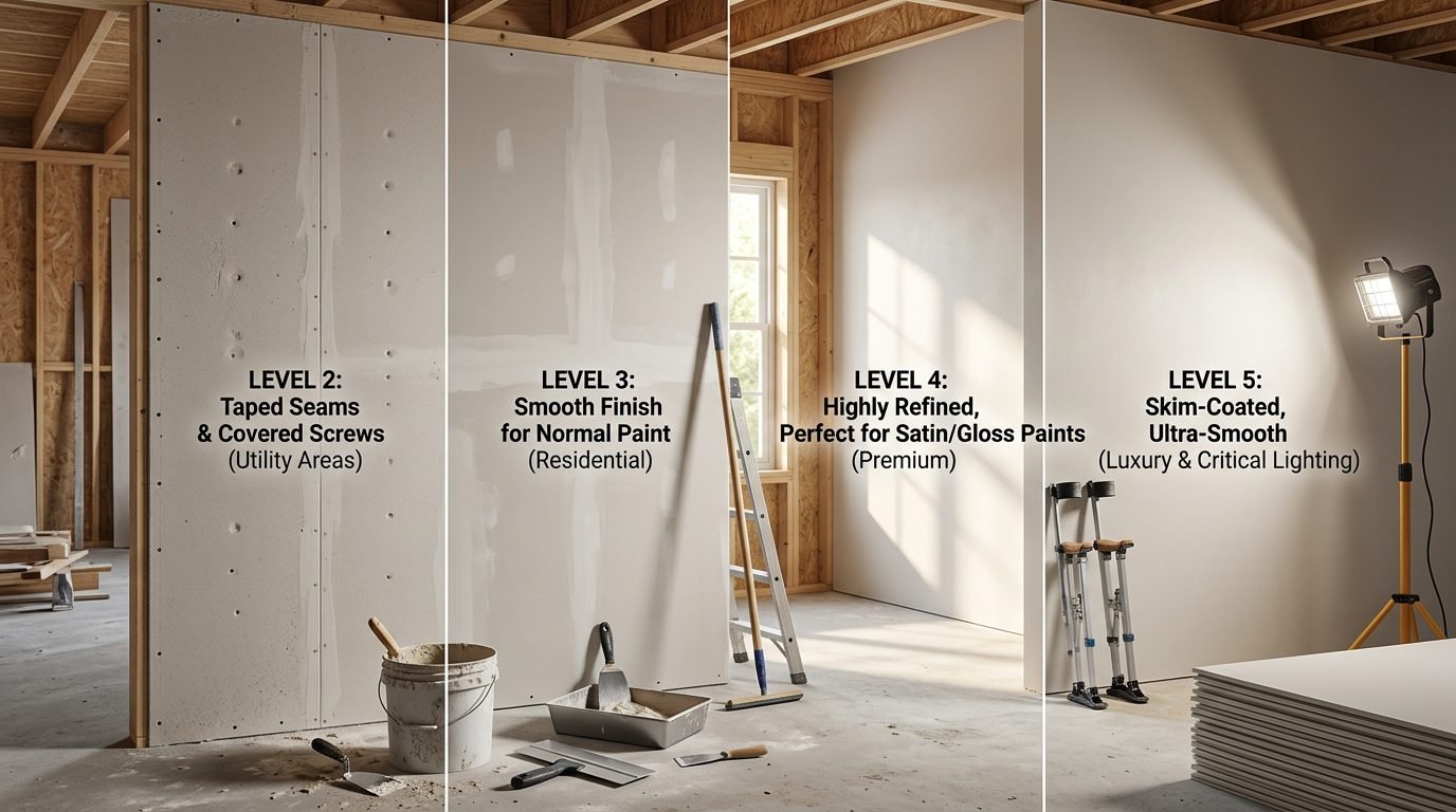 Comparison of drywall finish levels 2 through 5 showing increasing smoothness and wall quality in a residential remodeling project.
