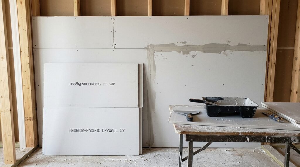 Close-up of drywall installation showing identical Sheetrock and drywall panels mounted to wall studs during home construction.
