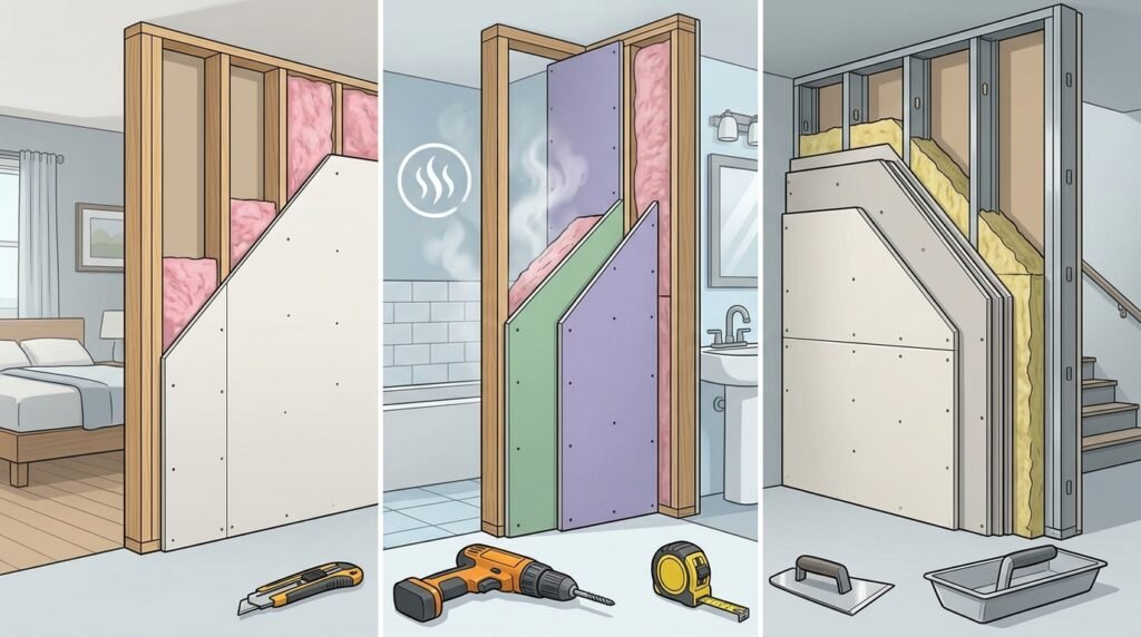 Side-by-side visual comparison of standard, moisture-resistant, and fire-rated drywall installed in residential and commercial wall assemblies.