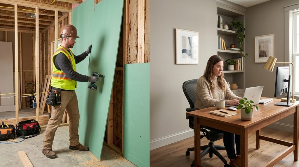 : A construction professional installing specialty drywall in a home renovation project to improve safety and soundproofing.