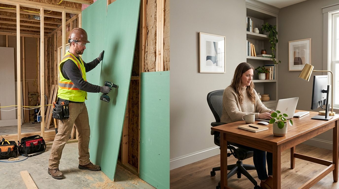 : A construction professional installing specialty drywall in a home renovation project to improve safety and soundproofing.