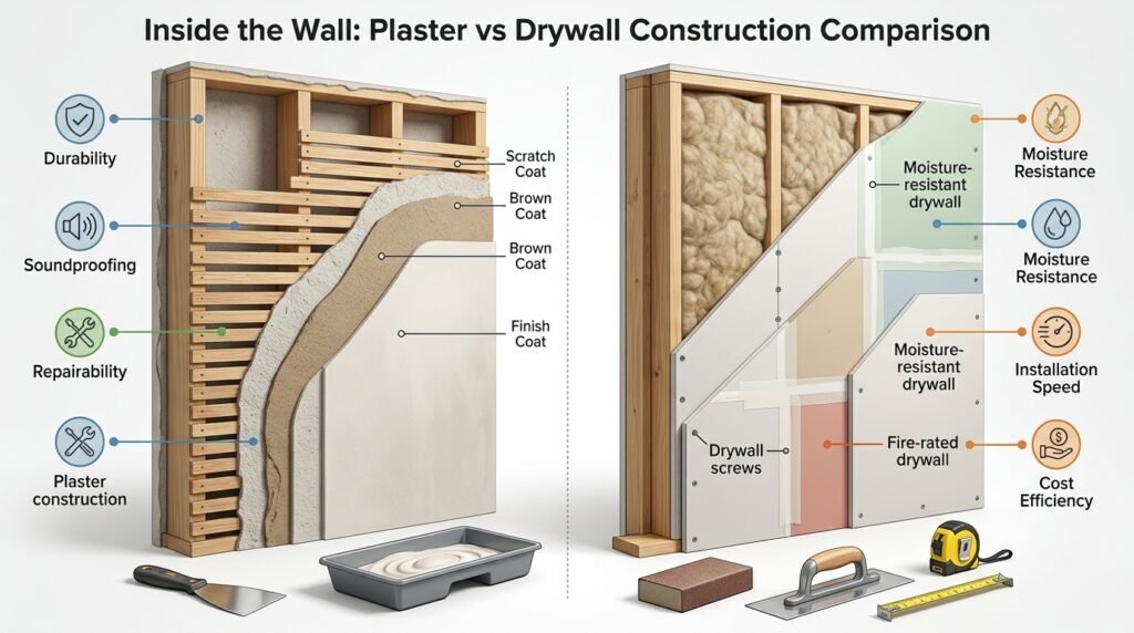Cross-section comparison of plaster wall construction and modern drywall installation showing layers, framing, insulation, and building materials.