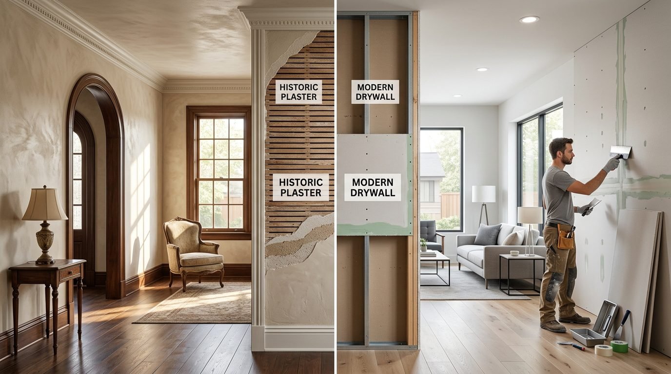 Plaster wall and drywall comparison showing historic home construction versus modern drywall installation during residential renovation.