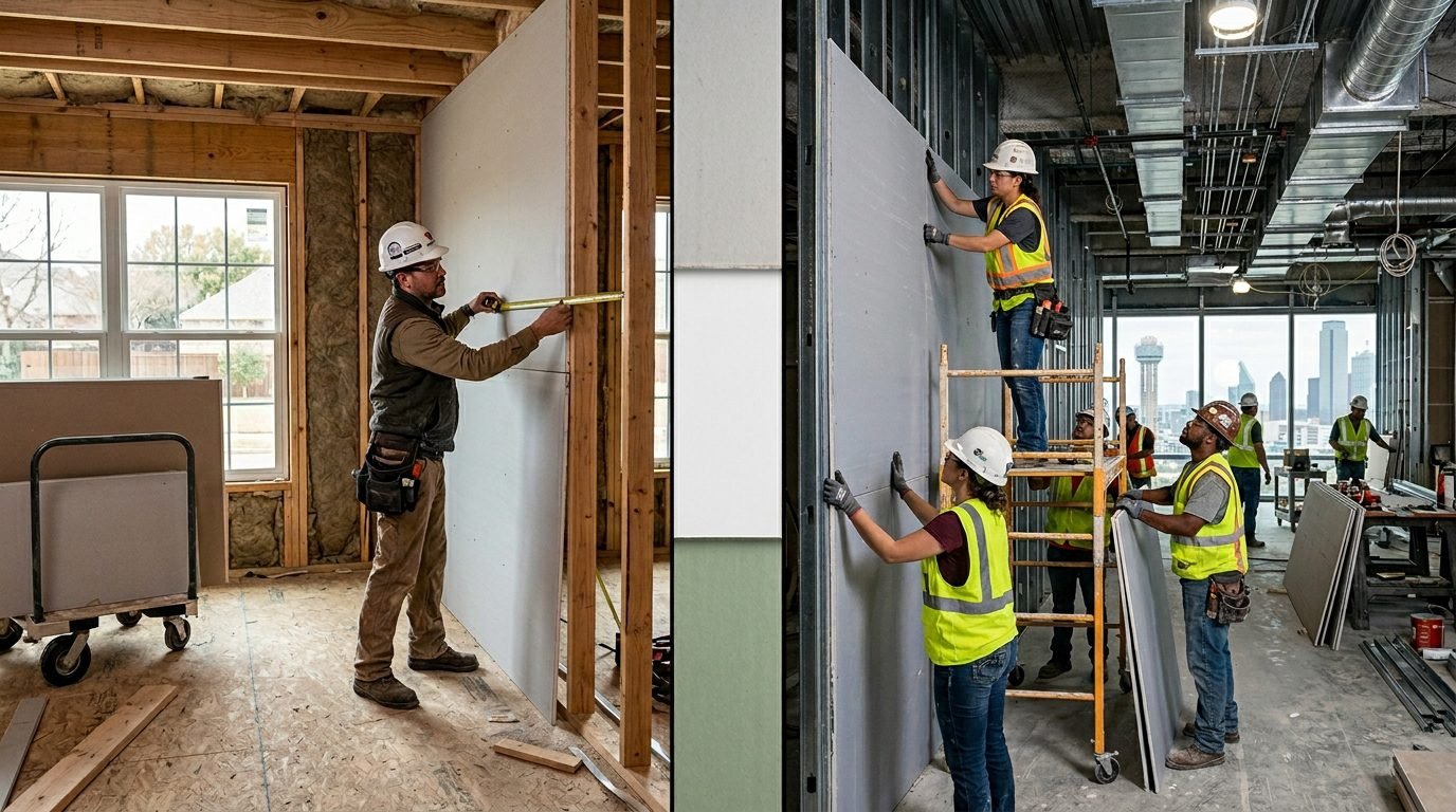 Split-scene image comparing residential drywall installation and commercial fire-rated drywall construction in modern buildings.
