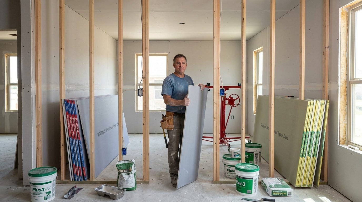 Contractor installing drywall panels labeled as Sheetrock and standard drywall in a residential Dallas home renovation.