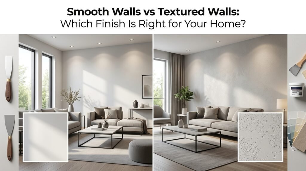 Side-by-side comparison of smooth drywall walls and textured drywall finishes in modern residential interiors.